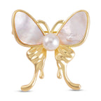 White Shell Pearl Butterfly Brooch in Yellow Gold Tone
