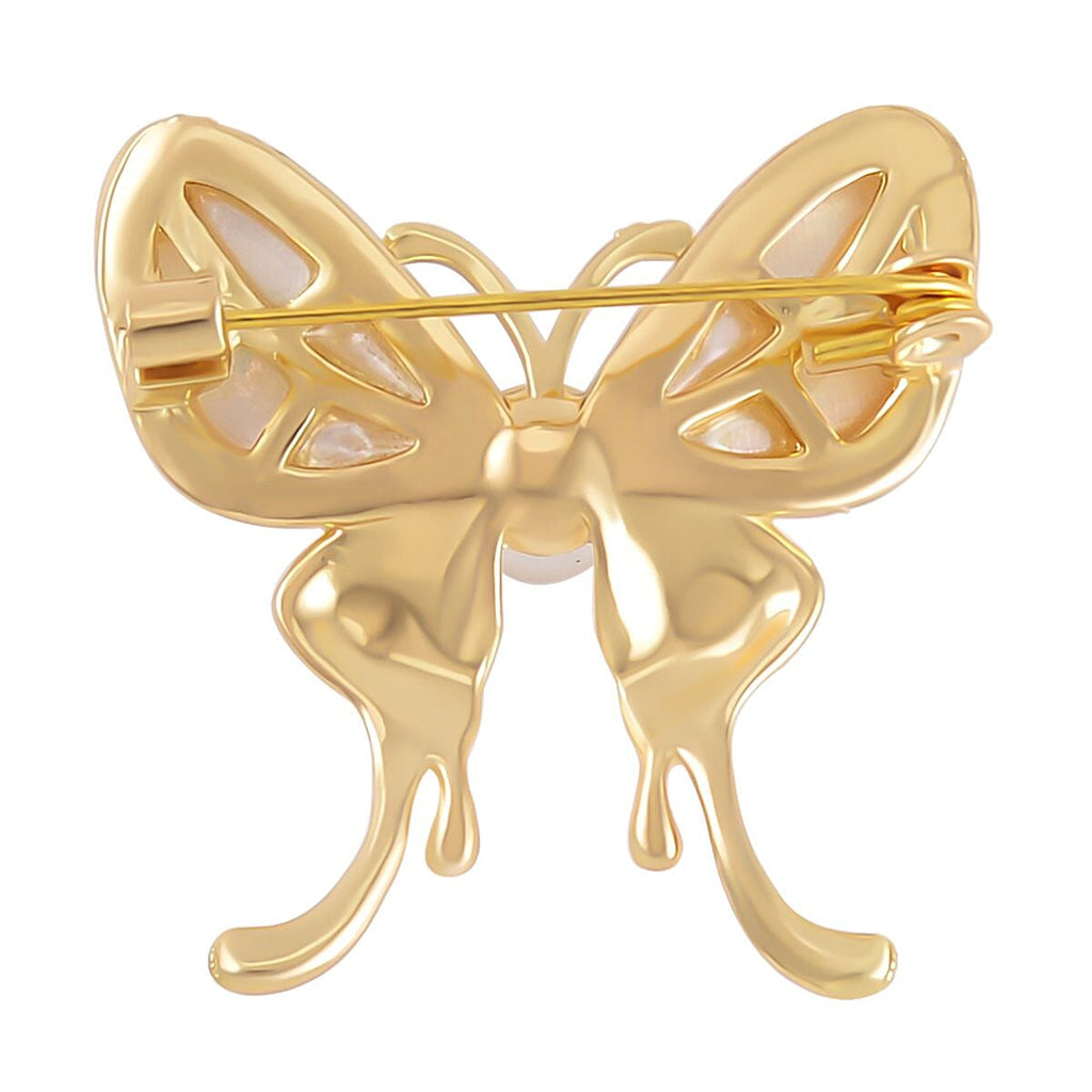 White Shell Pearl Butterfly Brooch in Yellow Gold Tone