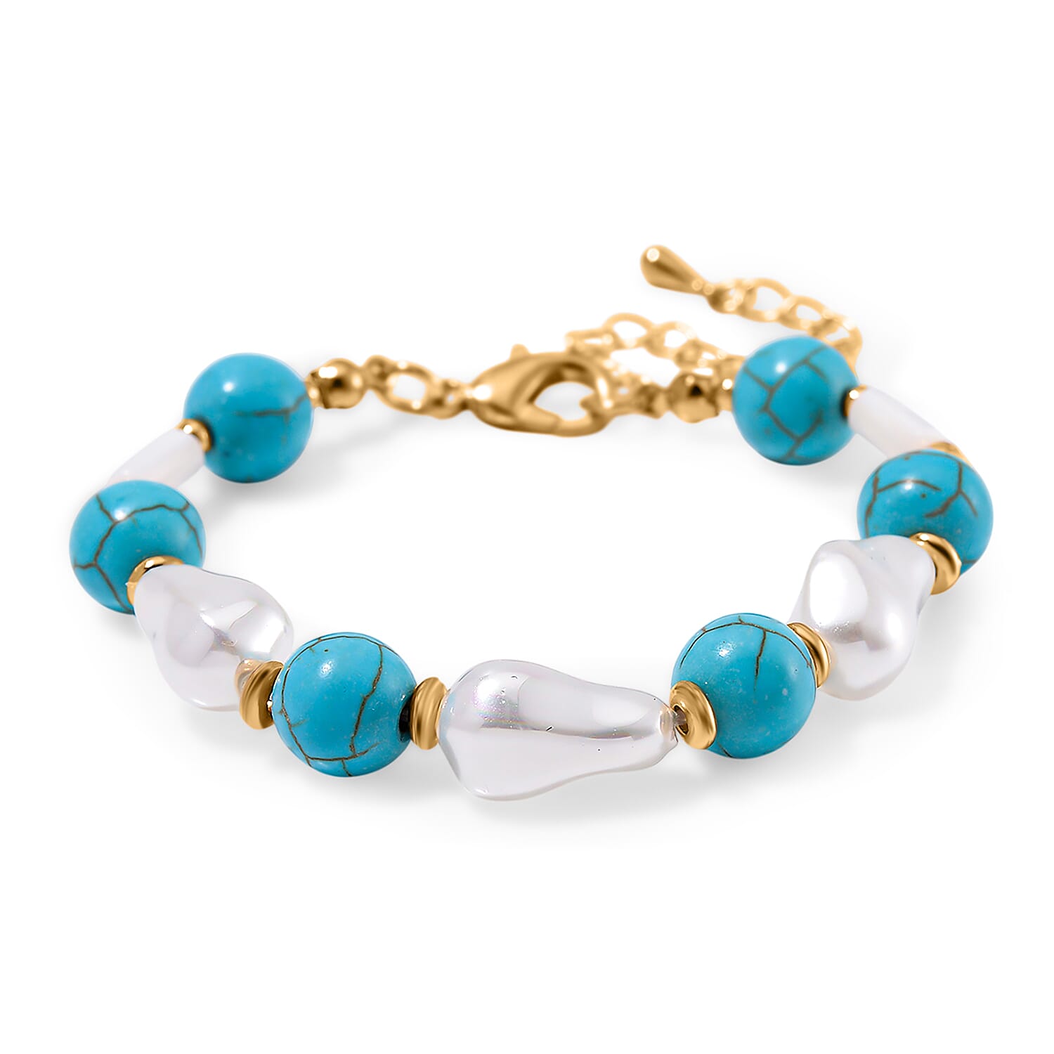 Designer Inspired - White Shell Pearl &amp; Blue Howlite Bracelet (Size 7-2 Ext) 60.00 Ct. 8128534 3