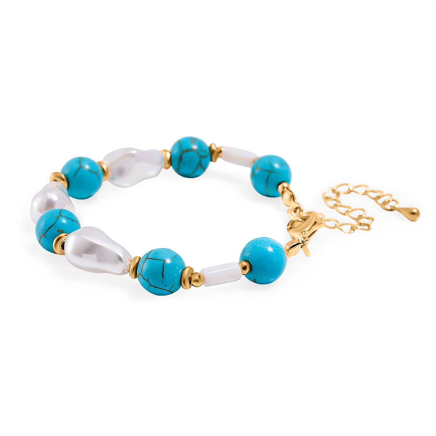 Designer Inspired - White Shell Pearl &amp; Blue Howlite Bracelet (Size 7-2 Ext) 60.00 Ct. 8128534 4