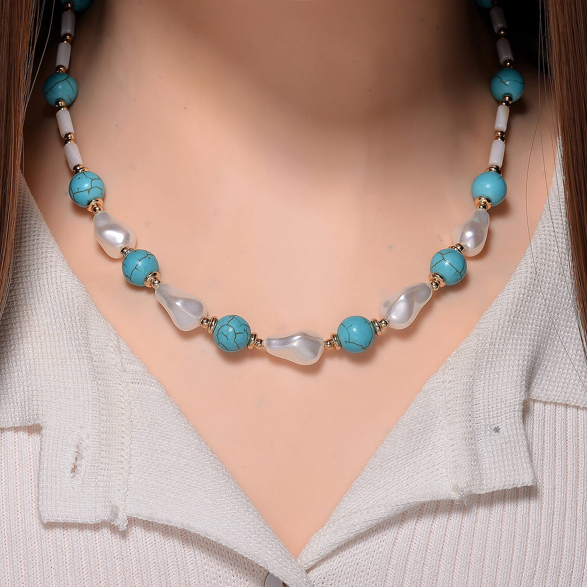 Designer Inspired - White Shell Pearl &amp; Blue Howlite Necklace (Size 18-2 Ext) 125.00 Ct. 8128470 2