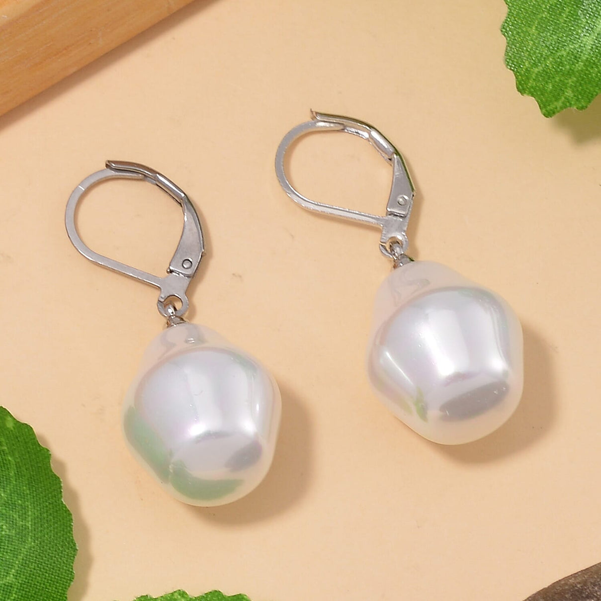 White Shell Pearl Drop Earrings with Lever Back V32492427 2