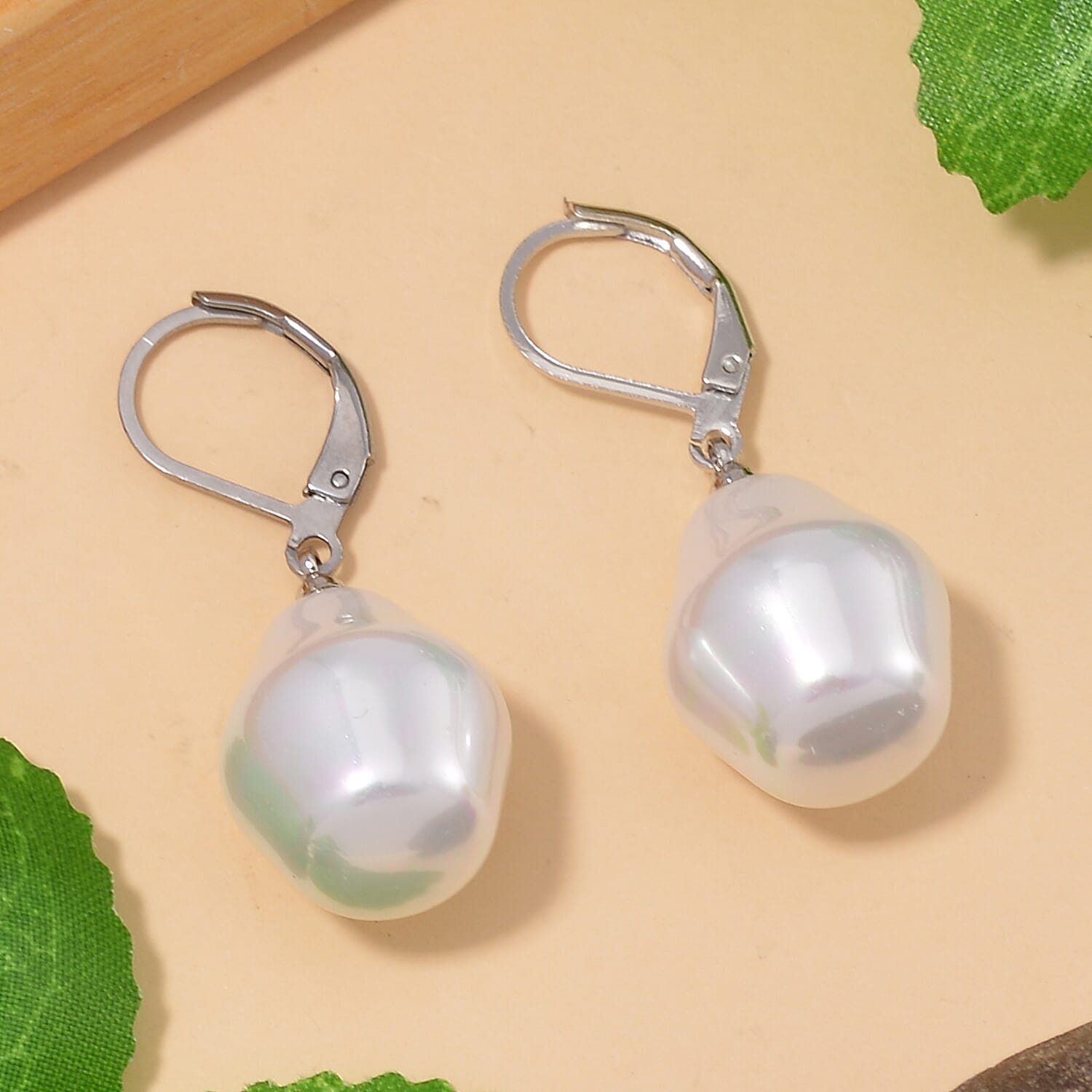 White Shell Pearl Drop Earrings with Lever Back V32492427 2