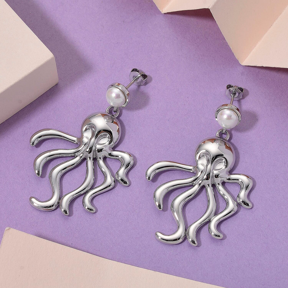 White Shell Pearl Earring with Push Back in Silver Tone 8193901 2
