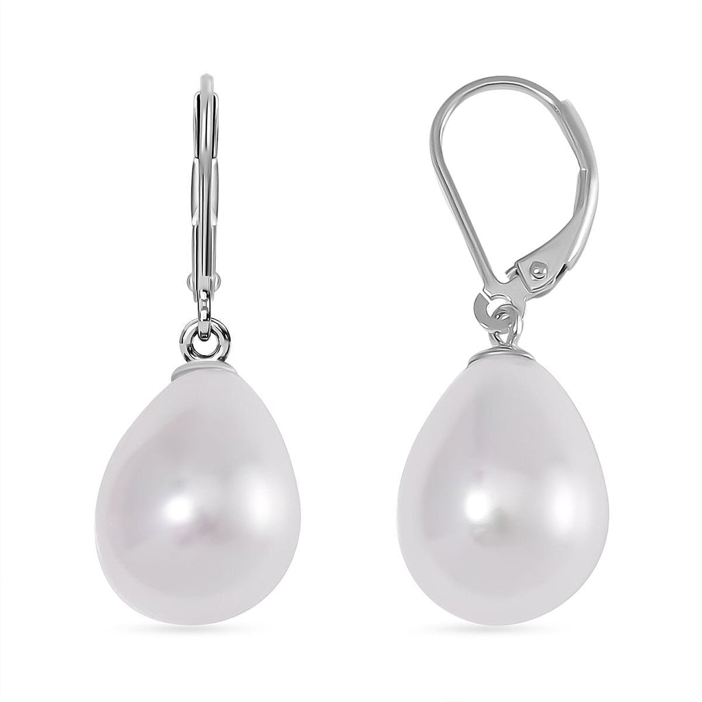 White Shell Pearl Earring with Lever Back in Rhodium Overlay Sterling Silver 30.00 Ct.