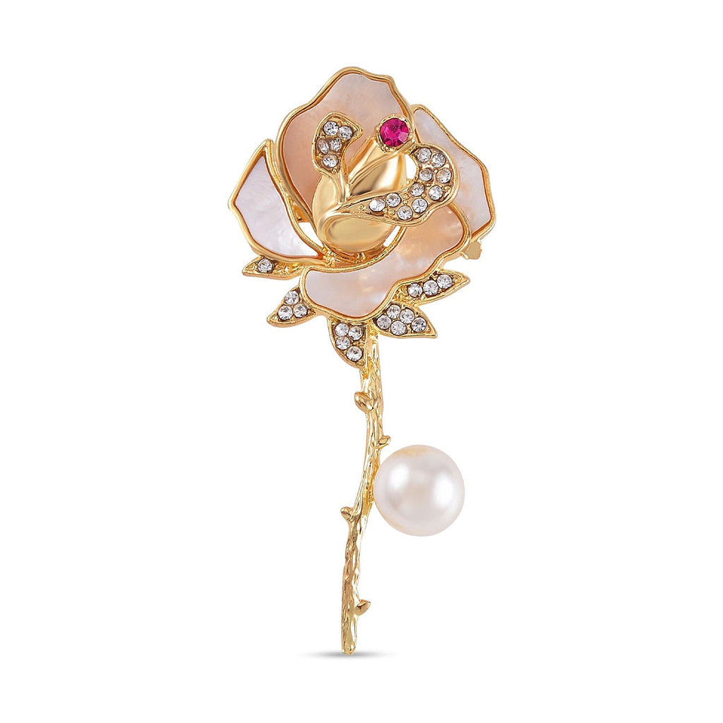 White Shell Pearl, Fuchsia and White Austrian Crystal Rose Brooch in Yellow Gold Tone