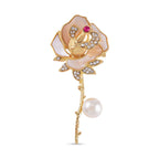 White Shell Pearl, Fuchsia and White Austrian Crystal Rose Brooch in Yellow Gold Tone