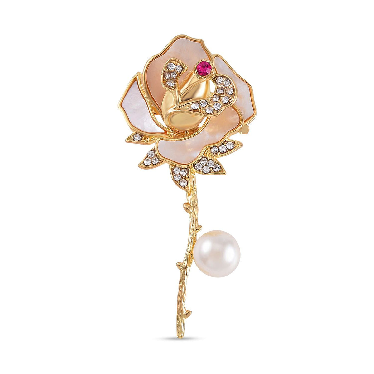 White Shell Pearl, Fuchsia and White Austrian Crystal Rose Brooch in Yellow Gold Tone 7602349 0