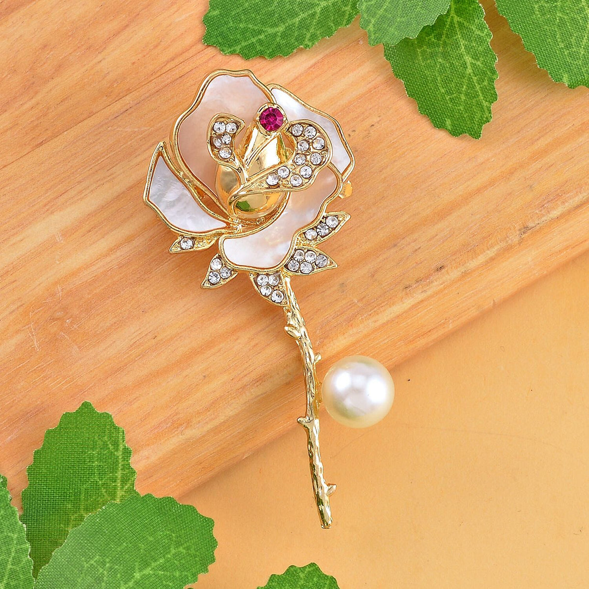 White Shell Pearl, Fuchsia and White Austrian Crystal Rose Brooch in Yellow Gold Tone 7602349 1