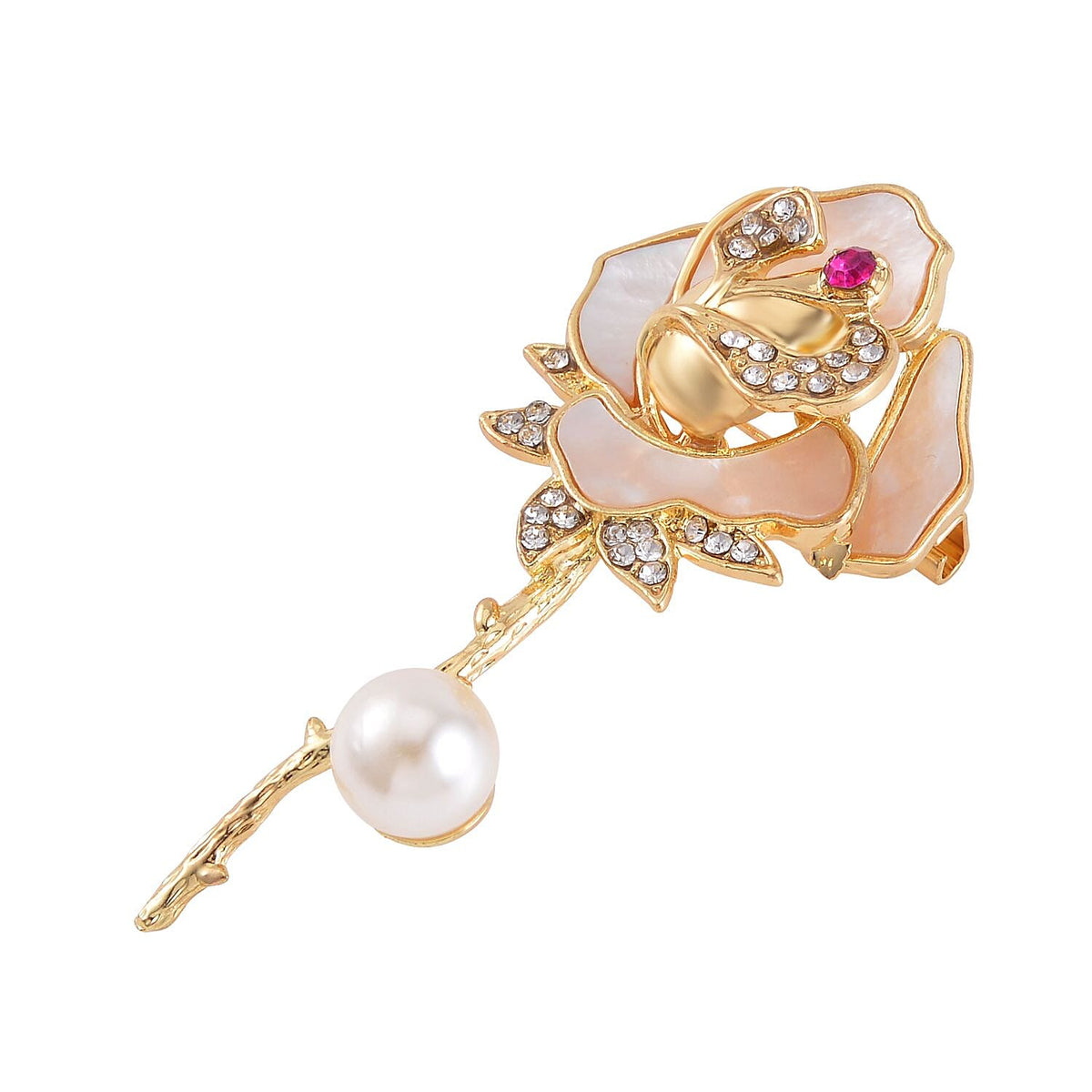 White Shell Pearl, Fuchsia and White Austrian Crystal Rose Brooch in Yellow Gold Tone 7602349 2