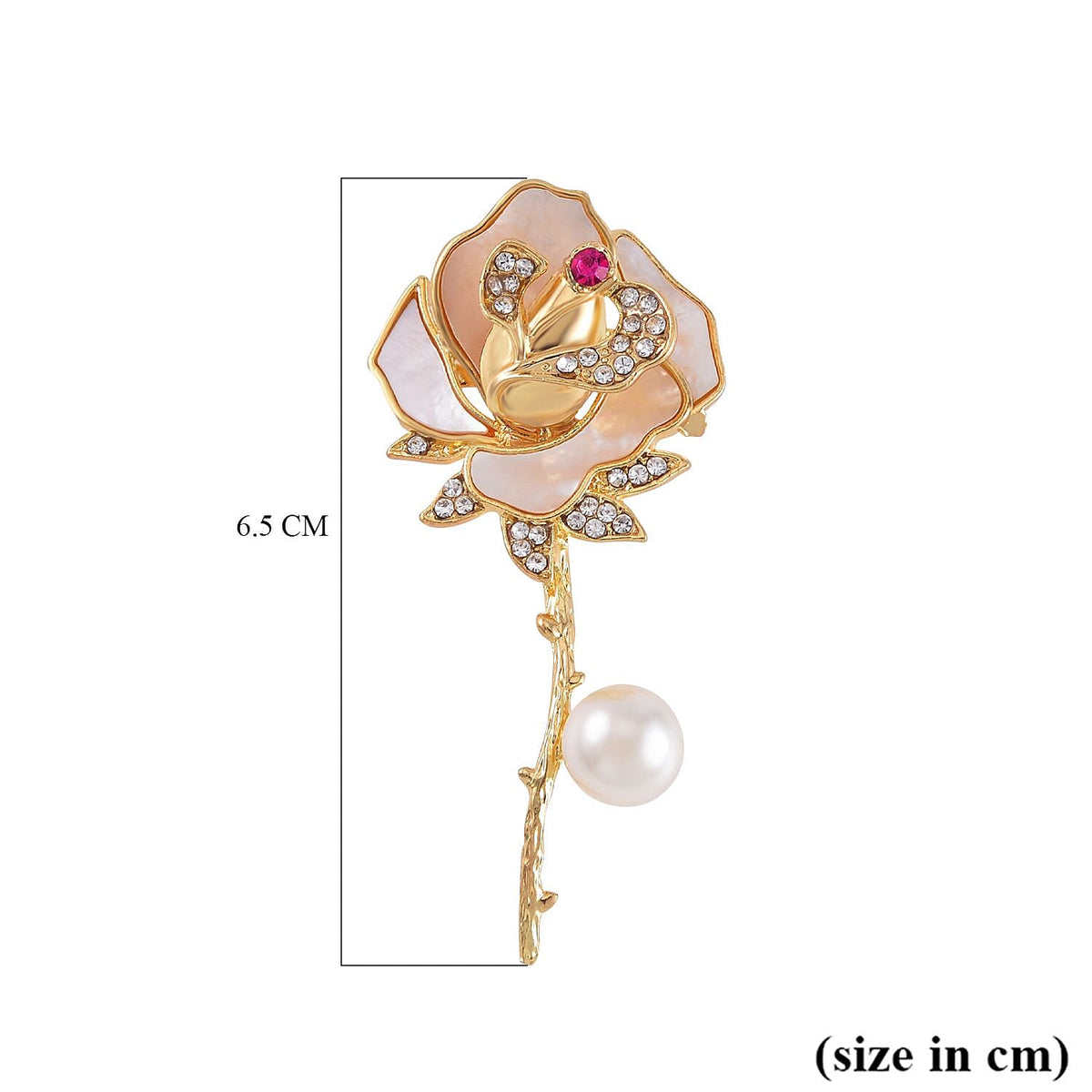 White Shell Pearl, Fuchsia and White Austrian Crystal Rose Brooch in Yellow Gold Tone 7602349 4