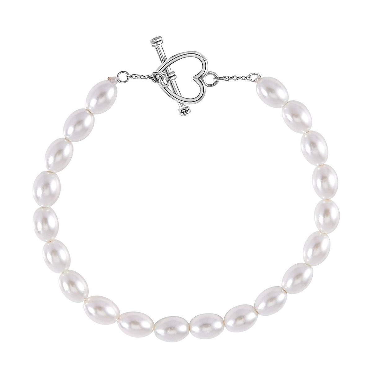 New York Close Out - White Shell Pearl Heart Charm Bracelet (Size - 7.5) in Rhodium Overlay Sterling Silver V32514121 0