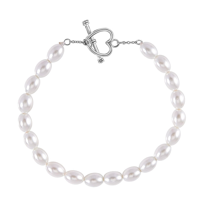New York Close Out - White Shell Pearl Heart Charm Bracelet (Size - 7.5) in Rhodium Overlay Sterling Silver 7605952 1