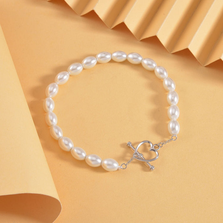 New York Close Out - White Shell Pearl Heart Charm Bracelet (Size - 7.5) in Rhodium Overlay Sterling Silver 7605952 2