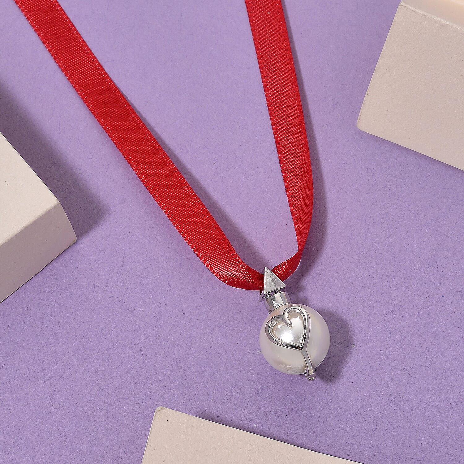 Lucy Q-Drop Bauble Collection White Shell Pearl Pendant with Red Ribbon 8283826 2