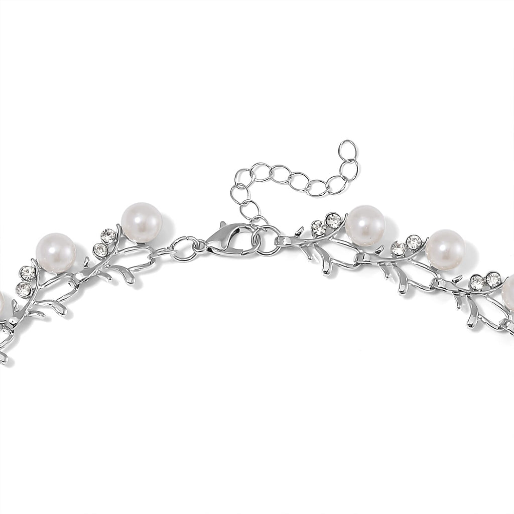 White Shell Pearl & White Crystal Necklace (Size - 18-2 Ext) in White Tone 100.20 Ct.