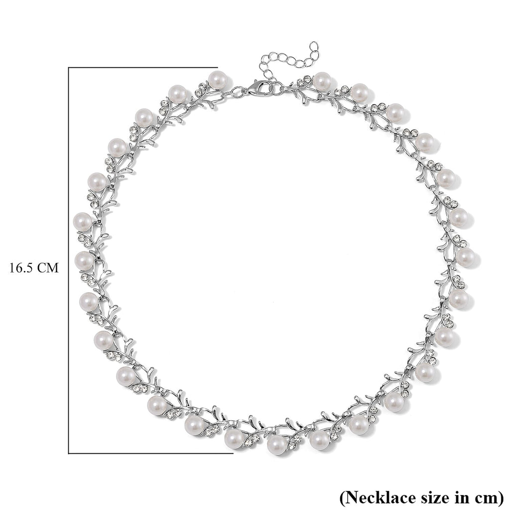 White Shell Pearl & White Crystal Necklace (Size - 18-2 Ext) in White Tone 100.20 Ct.