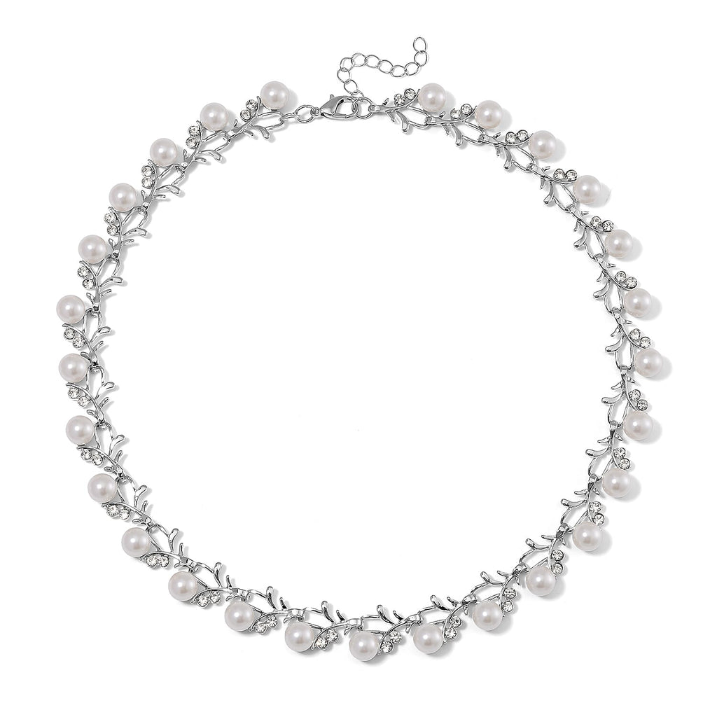White Shell Pearl & White Crystal Necklace (Size - 18-2 Ext) in White Tone 100.20 Ct.