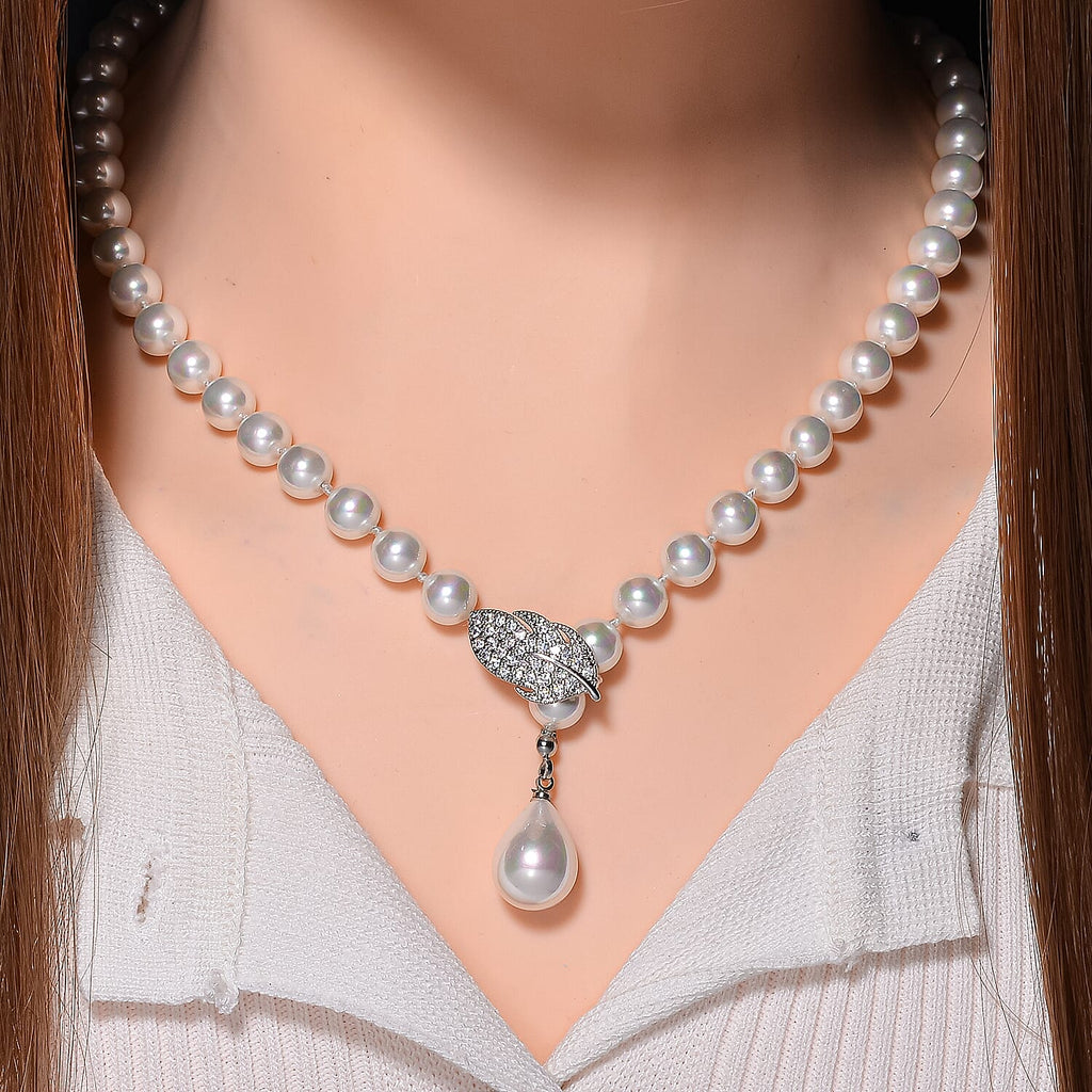 White Shell Pearl & White Austrian Crystal Necklace (Size - 24.50)