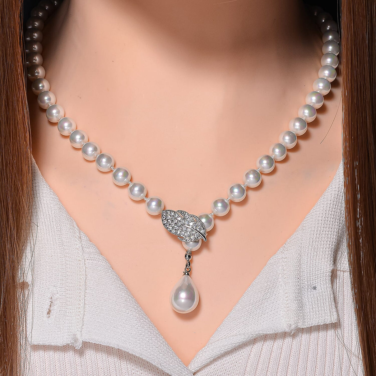 White Shell Pearl &amp; White Austrian Crystal Necklace (Size - 24.50) 7834143 1