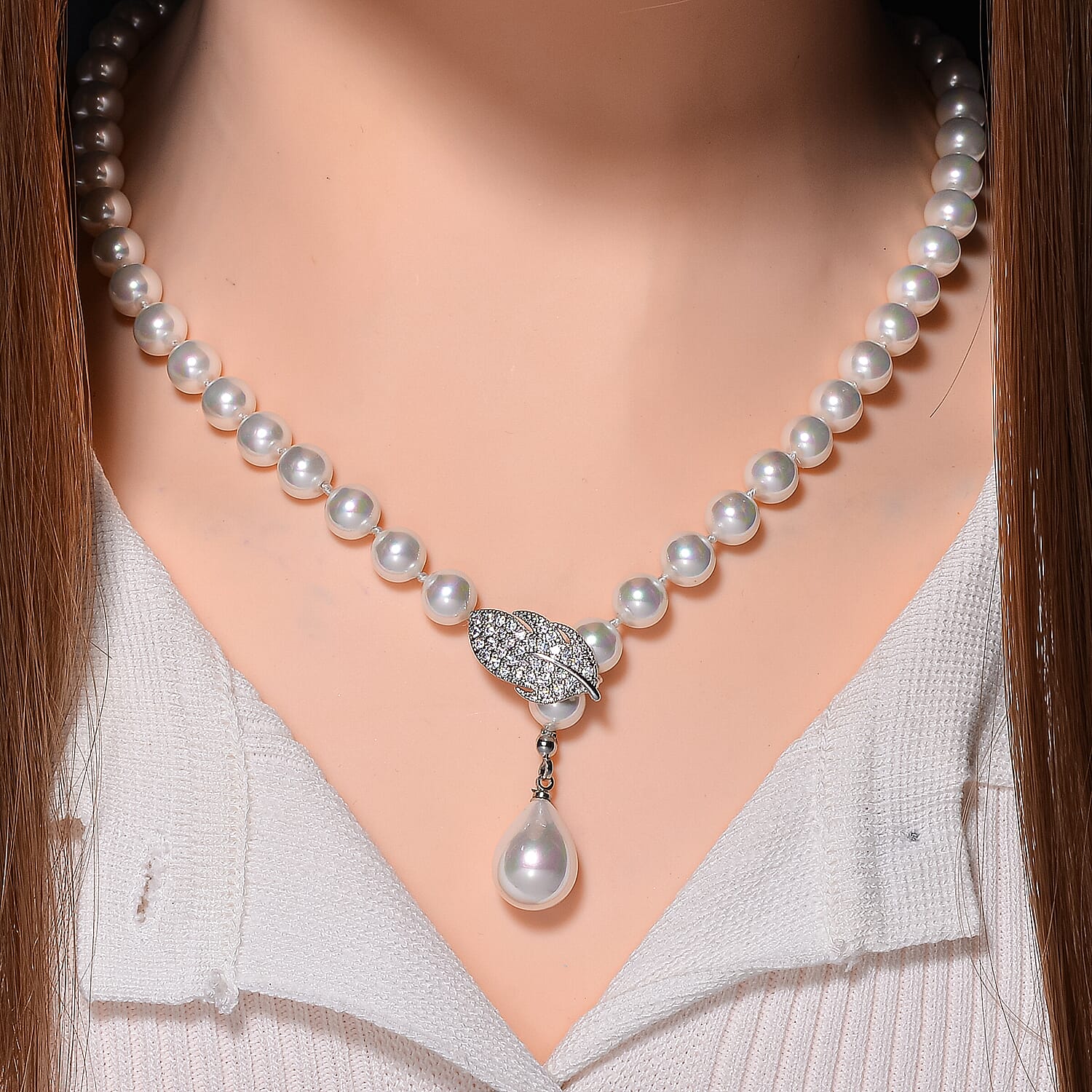 White Shell Pearl &amp; White Austrian Crystal Necklace (Size - 24.50) 7834143 1
