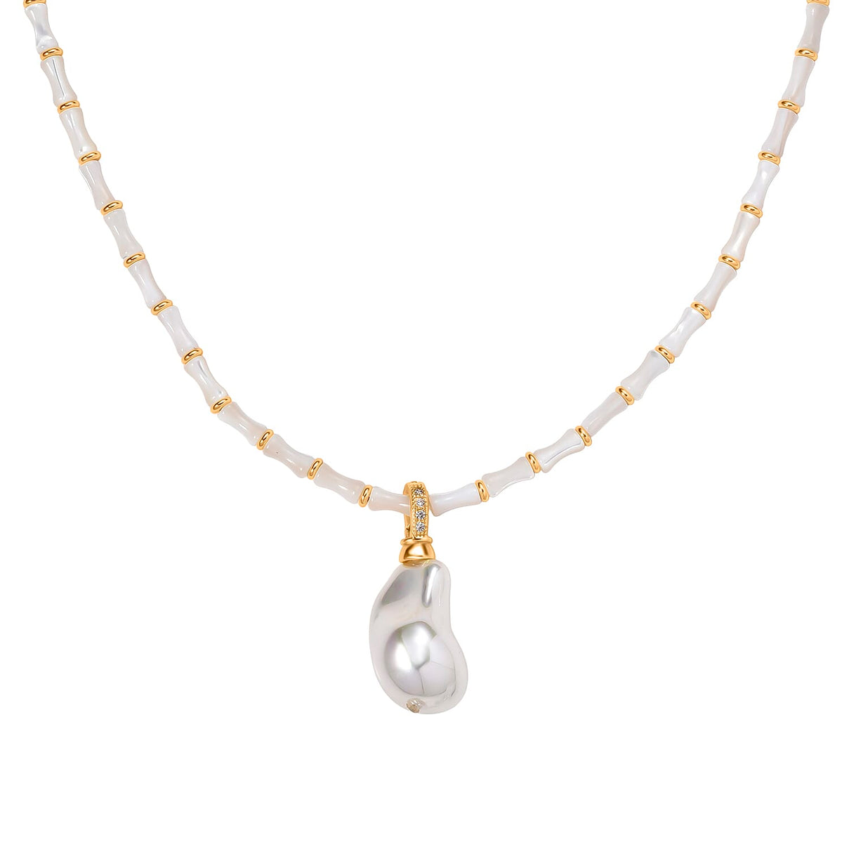 White Shell Pearl &amp; White Cubic Zirconia Necklace (Size 20 - 2 Ext) 8286811 0