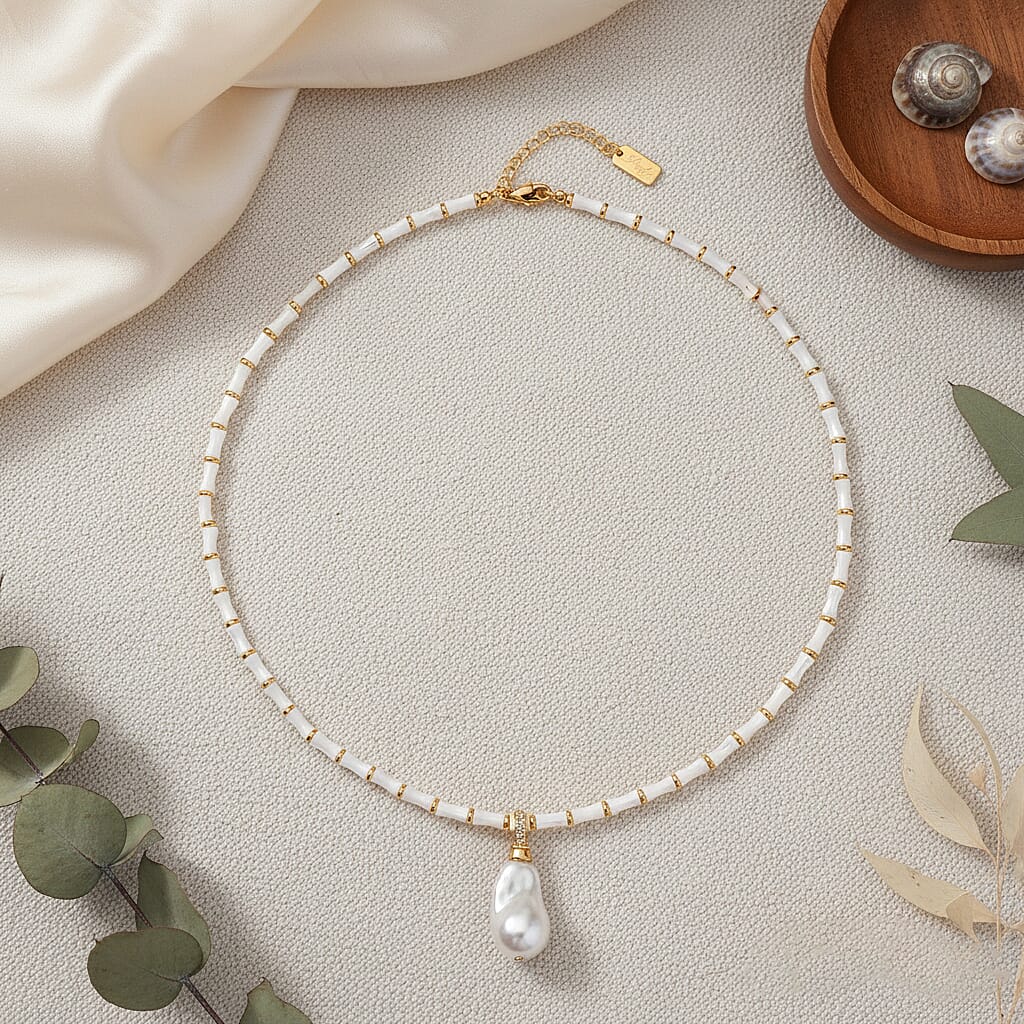 White Shell Pearl & White Cubic Zirconia Necklace (Size 20 - 2 Ext)