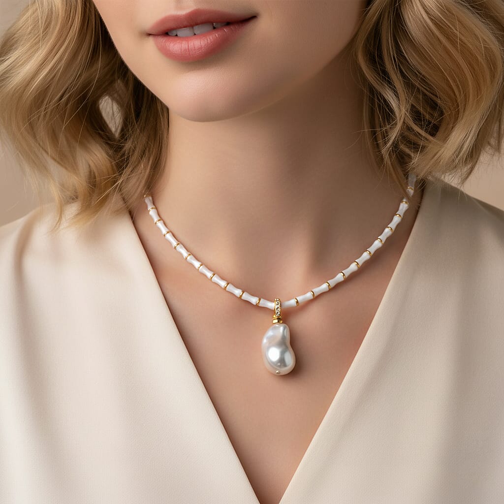 White Shell Pearl &amp; White Cubic Zirconia Necklace (Size 20 - 2 Ext) 8286811 3