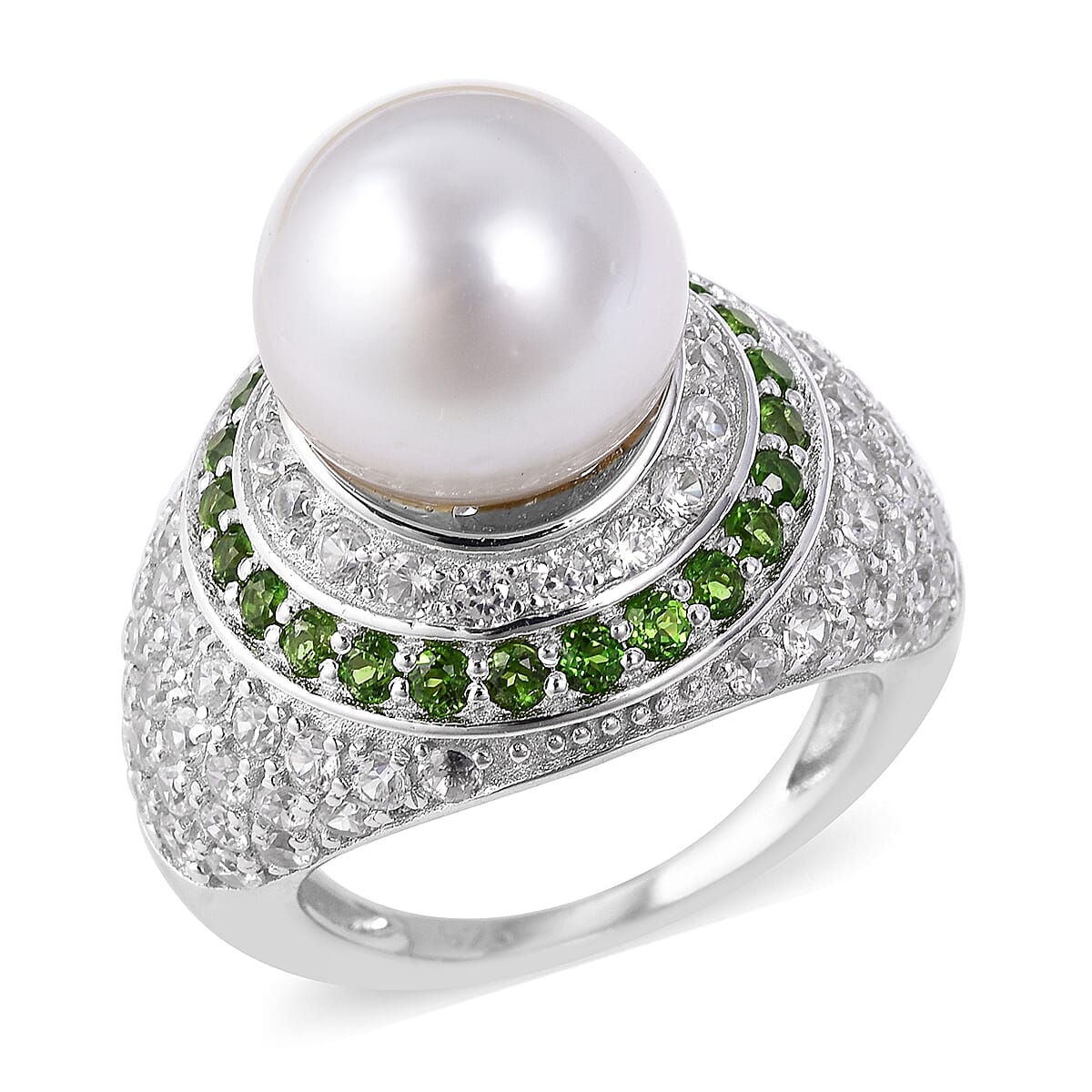 White South Sea Pearl and Multi Gemstone Halo Ring in Rhodium Plated Silver 7.24 Grams 3431853 0