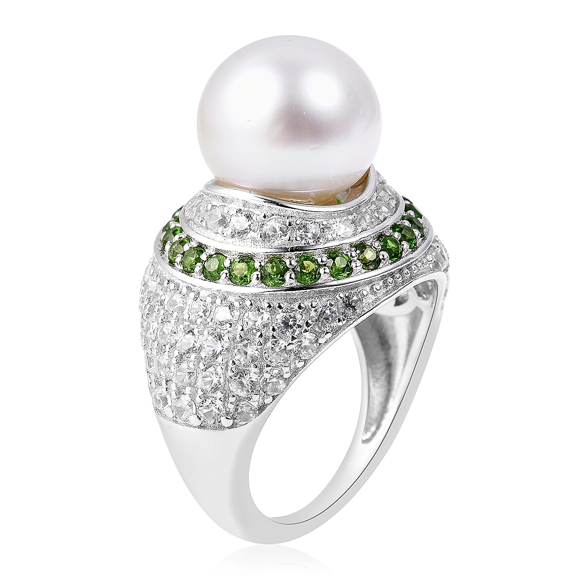 White South Sea Pearl and Multi Gemstone Halo Ring in Rhodium Plated Silver 7.24 Grams 3431853 2
