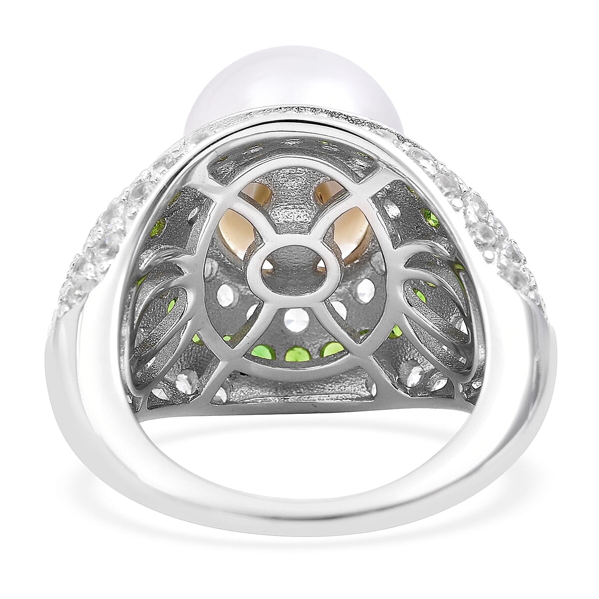 White South Sea Pearl and Multi Gemstone Halo Ring in Rhodium Plated Silver 7.24 Grams 3431853 3