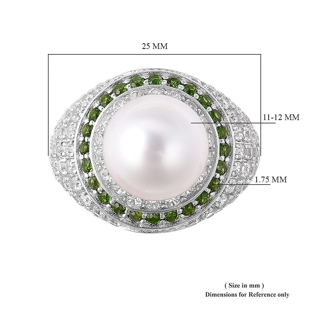 White South Sea Pearl (Rnd), Natural Chrome Diopside and Natural Zircon Ring in Rhodium Overlay Sterling Silver, Silver Wt 7.34 Gms