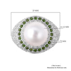 White South Sea Pearl (Rnd), Natural Chrome Diopside and Natural Zircon Ring in Rhodium Overlay Sterling Silver, Silver Wt 7.34 Gms