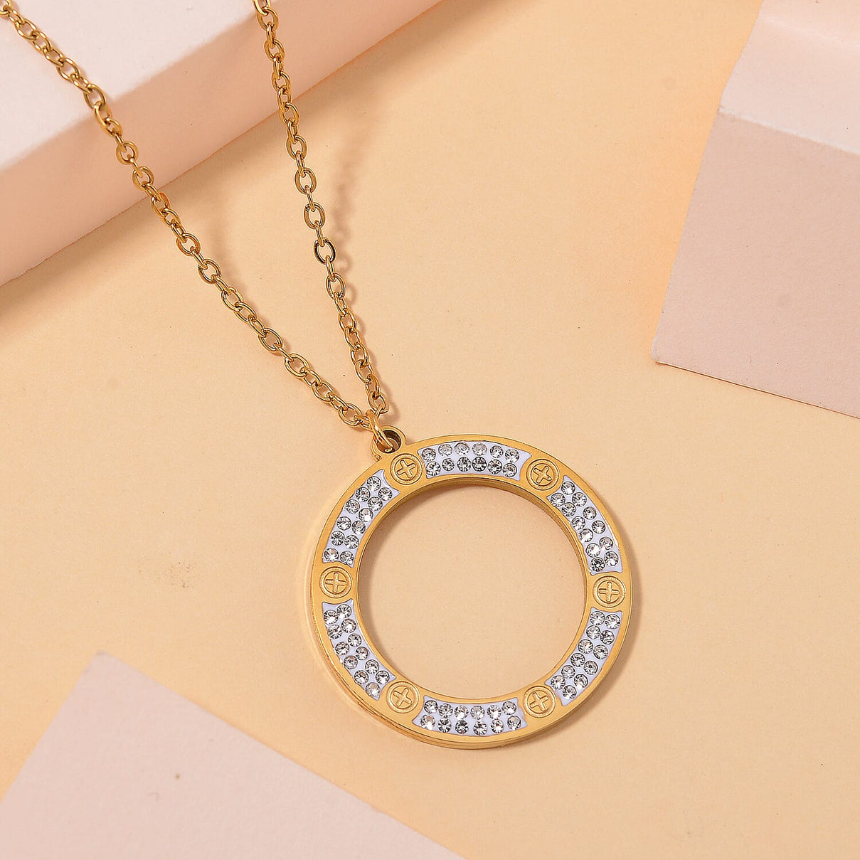 White Crystal Circle of Life Necklace With Chain (Size - 20.5) in Yellow Tone 7929866 2
