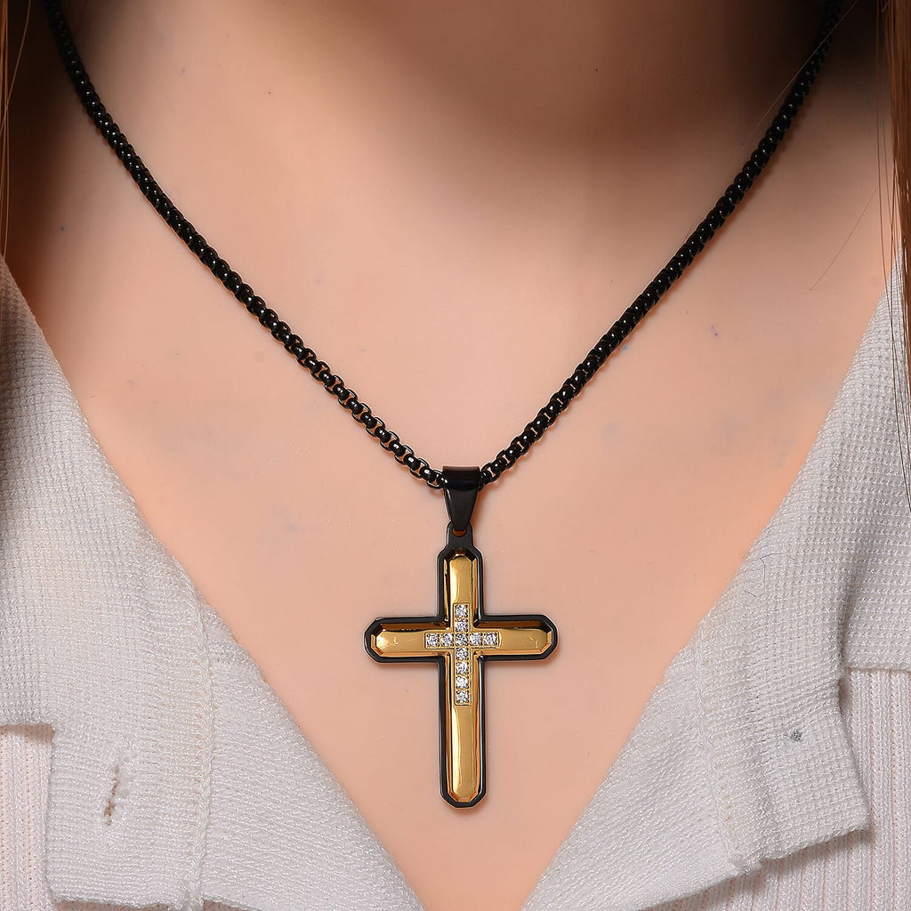 White Crystal Pendant With Chain (Size - 22) in Black & Yellow