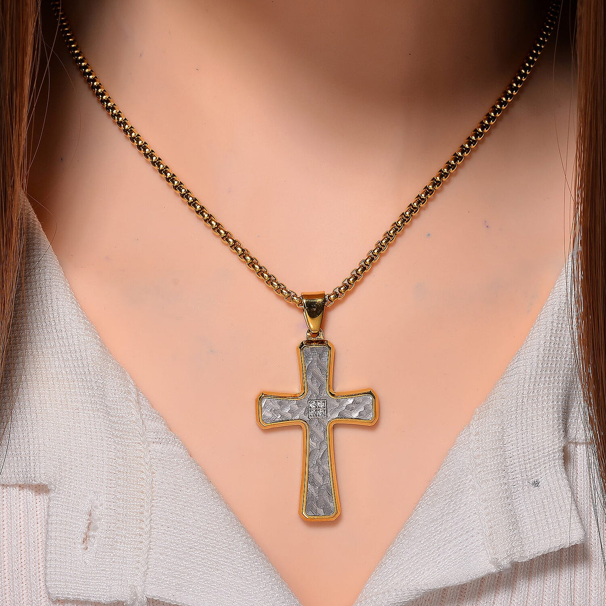 White Crystal Cross Pendant With Chain (Size - 22) in Two Tone 7901612 2