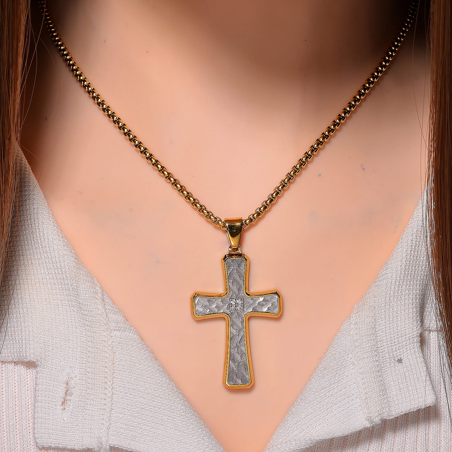 White Crystal Cross Pendant With Chain (Size - 22) in Two Tone 7901612 2