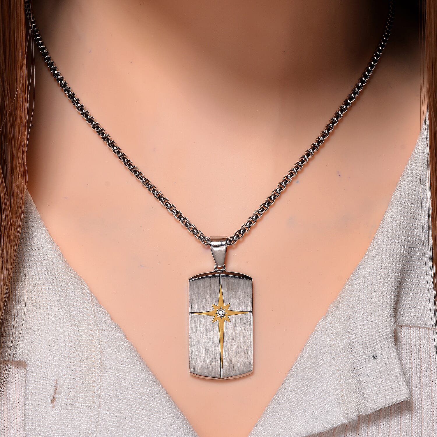 White Crystal Pendant With Chain (Size - 22) in Two Tone 7901614 2