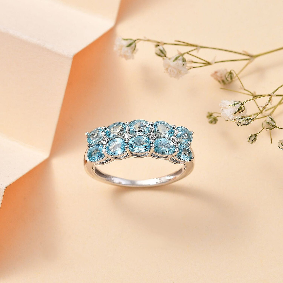 Blue Apatite, White Zircon Half Eternity Band Ring in Rhodium Overlay Sterling Silver, 1.678  Ct. 7796766 2