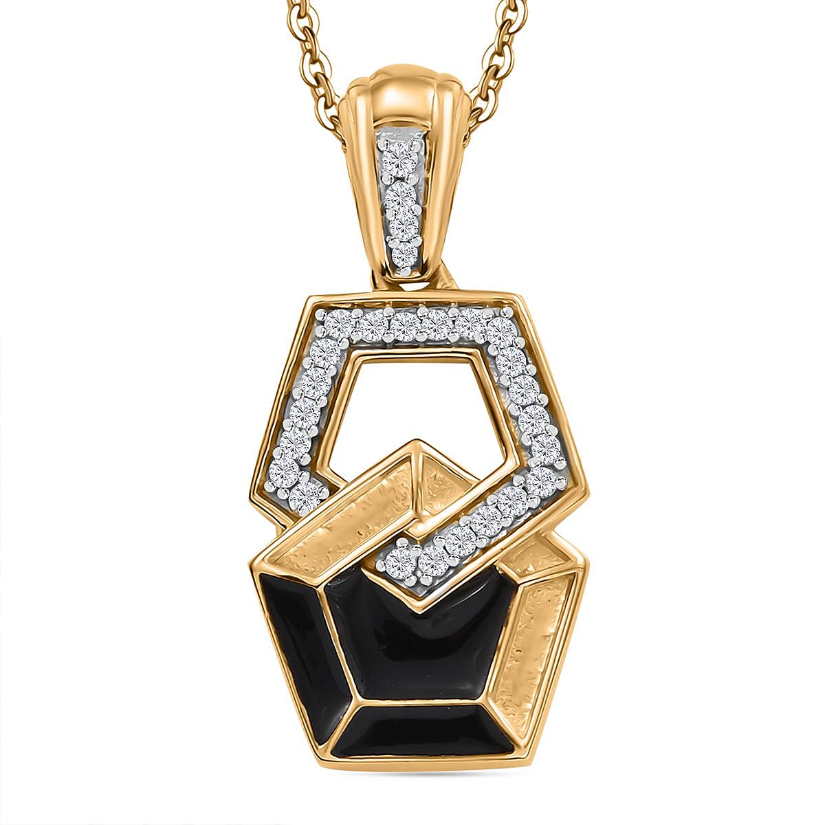 GP Art Deco Collection - White Zircon &amp; Blue Sapphire Pendant with Chain (Size 20) in 18K Vermeil Yellow Gold Plated Sterling Silver 4329699 0