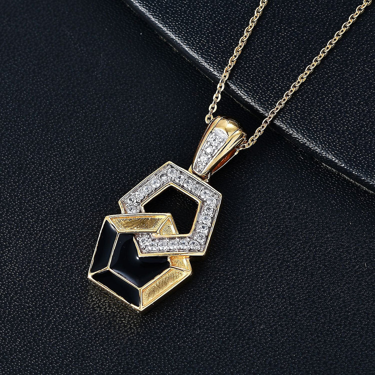 GP Art Deco Collection - White Zircon &amp; Blue Sapphire Pendant with Chain (Size 20) in 18K Vermeil Yellow Gold Plated Sterling Silver 4329699 1