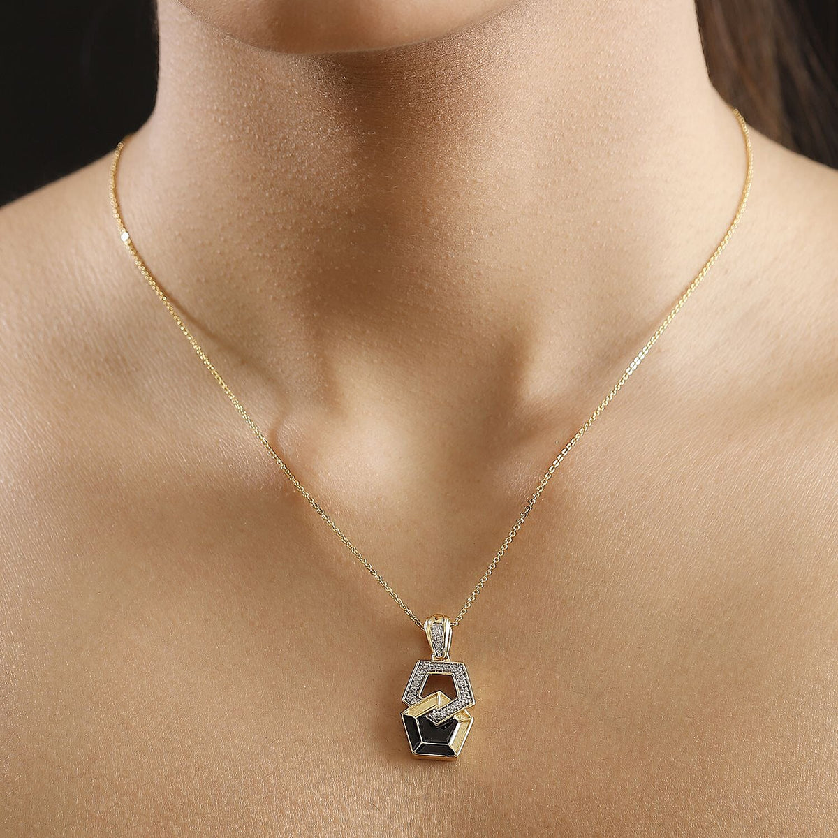 GP Art Deco Collection - White Zircon &amp; Blue Sapphire Pendant with Chain (Size 20) in 18K Vermeil Yellow Gold Plated Sterling Silver 4329699 2