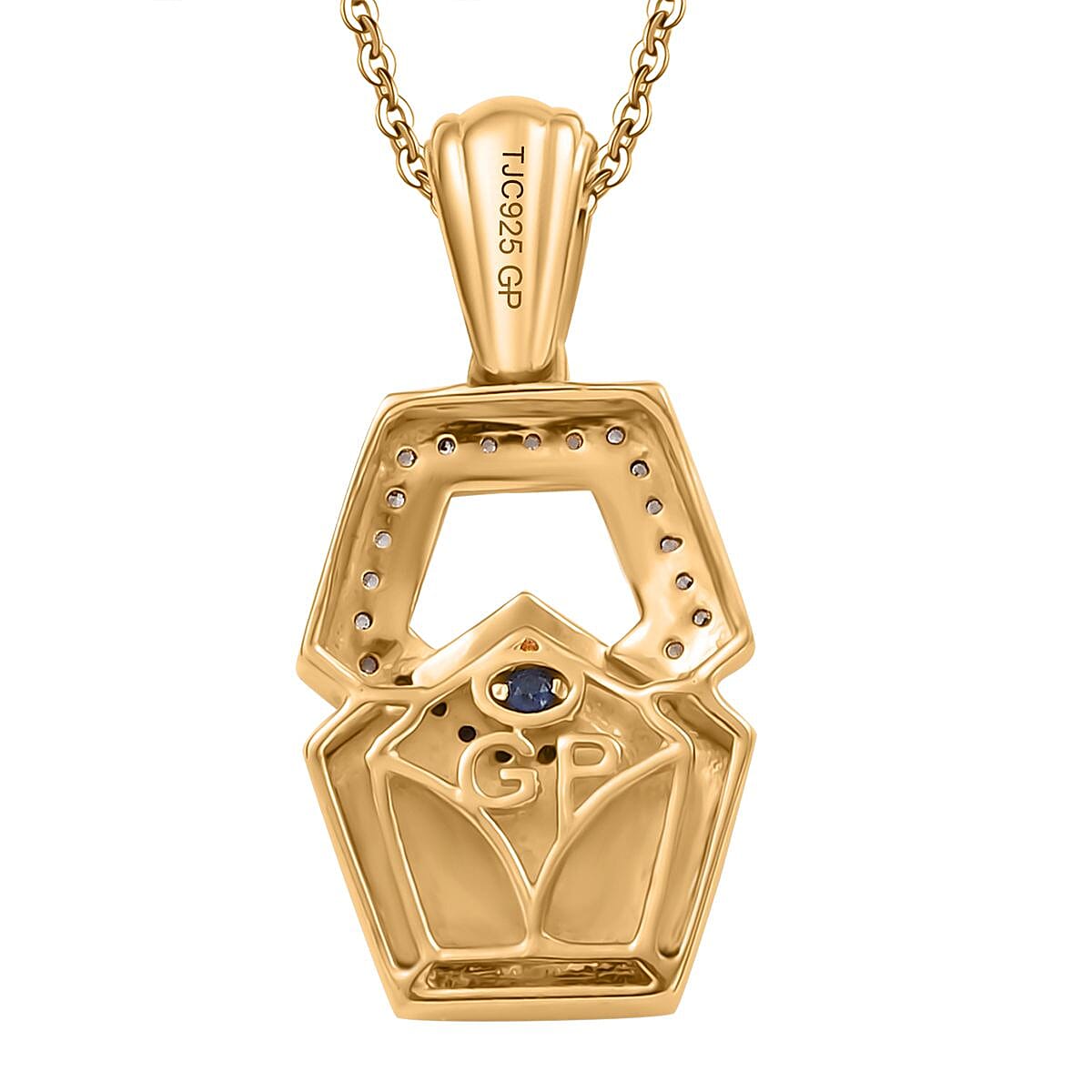 GP Art Deco Collection - White Zircon &amp; Blue Sapphire Pendant with Chain (Size 20) in 18K Vermeil Yellow Gold Plated Sterling Silver 4329699 4