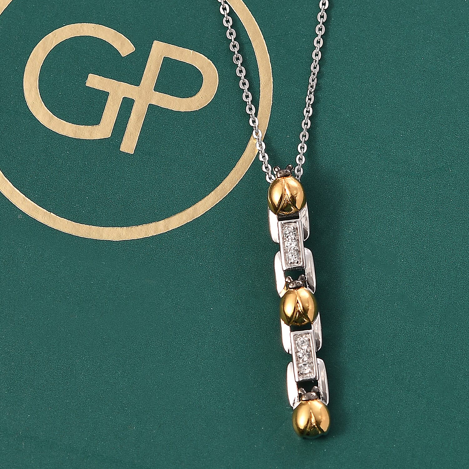 GP Ladybird Collection - White Zircon &amp; Blue Sapphire Pendant with Chain (Size 20) in 18K Vermeil Yellow Gold Plated &amp; Rhodium Overlay Sterling Silver 4356549 3