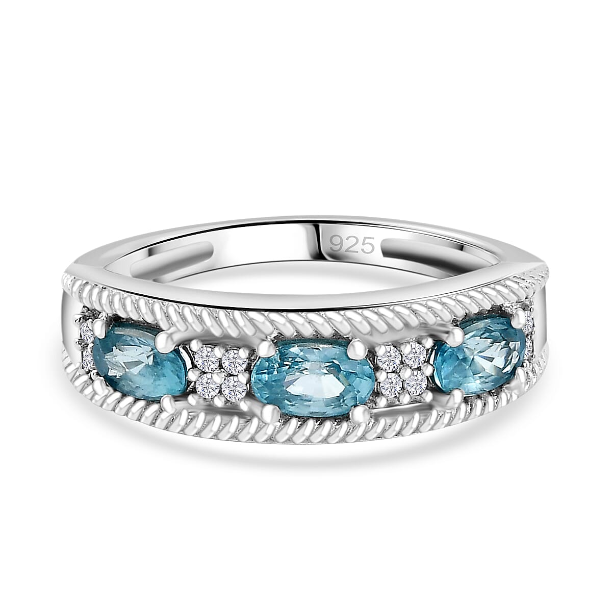 White Zircon, Blue Zircon Half Band Ring in Platinum Overlay Sterling Silver 1.23 Ct. 7890160 2