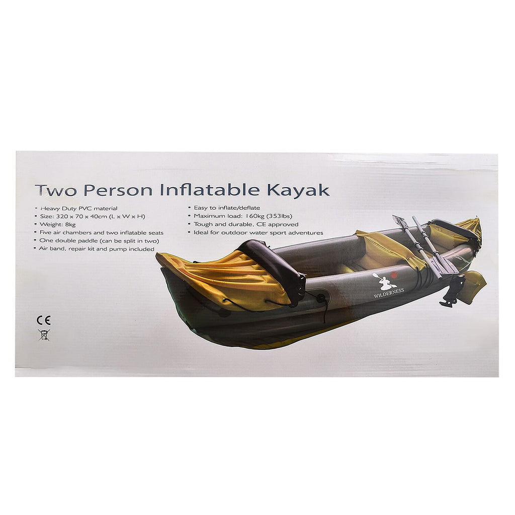 WILDERNESS Inflatable Kayak (2 person Kayak - 2 Alumunium Oars- Repair Patch - Foot Rest Cushion- Air Pump) (Size-315x66x45 Cm) - Yellow and Black