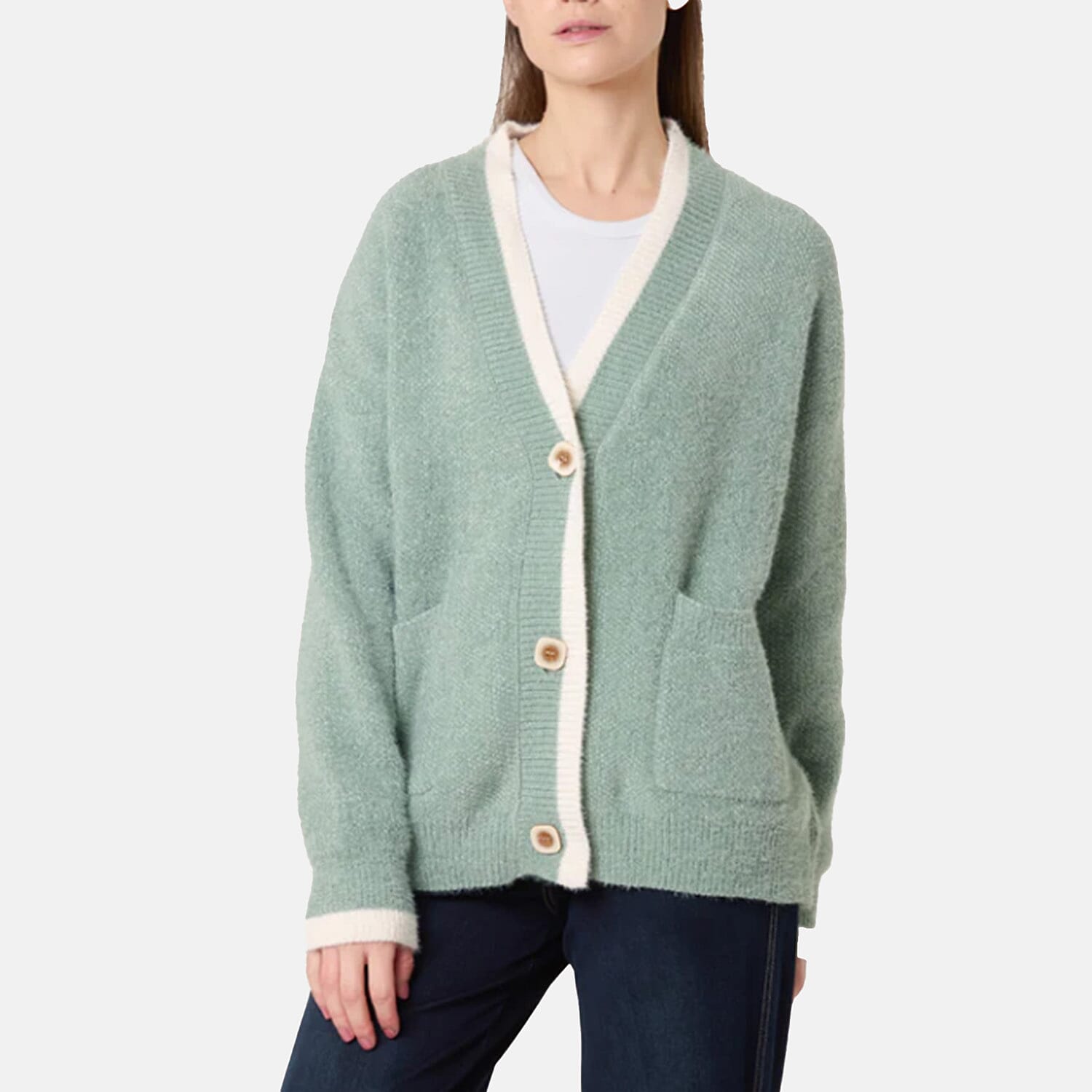 Wildflower Cosy Knit Contrast Pocket Cardigan (Size M-L, fit 14 to 16) - Sage 8502649 0