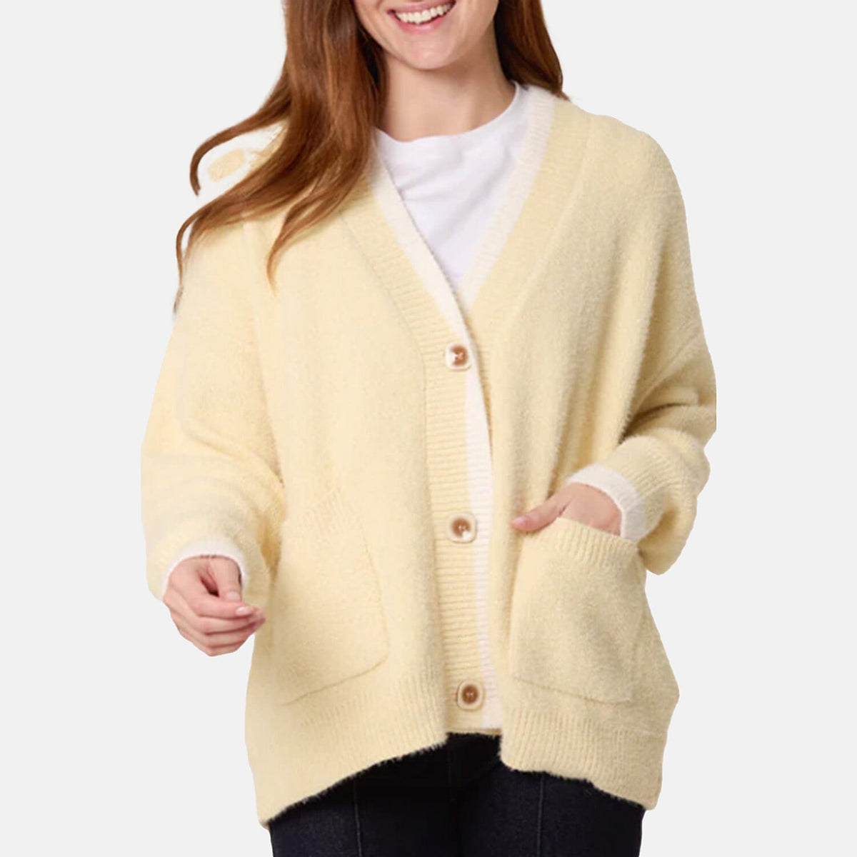 Wildflower Cosy Knit Contrast Pocket Cardigan (Size S/M, fit 8 to 12) - Lemon V32578838 0