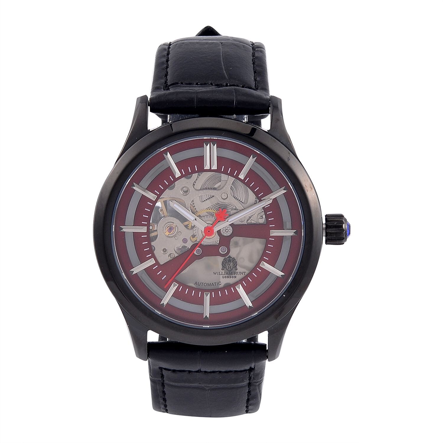 William Hunt Automatic Mechanical Movement Red Sunshine Dial 5 ATM Water Resistant Watch with Black Leather Strap 7652934 0