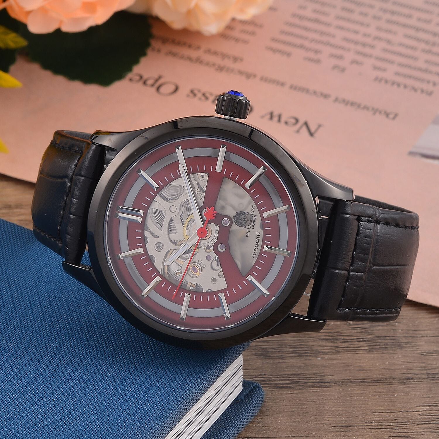 William Hunt Automatic Mechanical Movement Red Sunshine Dial 5 ATM Water Resistant Watch with Black Leather Strap 7652934 2